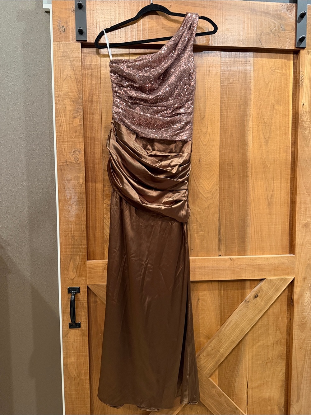 One-Shoulder Brown Sequin Evening Gown